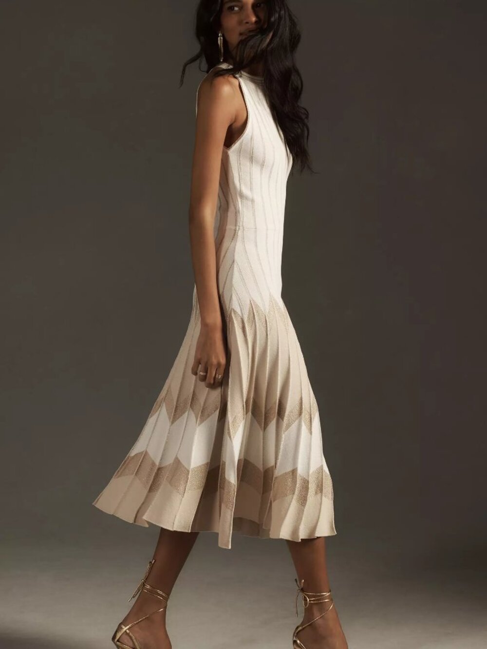 By Anthropologie Pleated Gold/ Cream Shimmer Halter Drop-Waist Knit Midi Dress